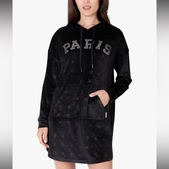 Paris Hilton Tops - Paris Hilton Black Velour Hoodie Dress, Paris Rhinestone Hoody, Cozy Chic